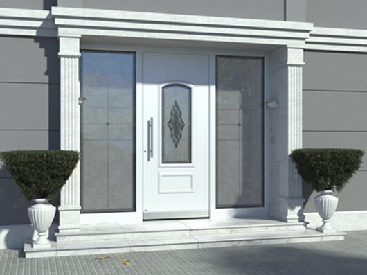 Entrance doors on a grey facade